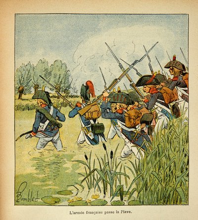 Ilustrace Bombled Louis (1862-1927) z knihy „Památník svaté Heleny“ od hraběte Emmanuela de Las Cases (1766-1842): Francouzská Armee prochází Piave během italského tažení, soukromá sbírka od Louis Charles Bombled