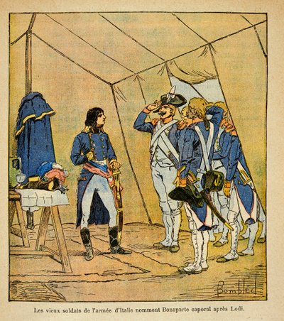 Ilustrace Bombled Louis (1862-1927) z knihy „Památník svaté Heleny“ od hraběte Emmanuela de Las Cases (1766-1842): Staří vojáci italské armády jménem Bonaparte desátník po bitvě u Lodi v roce 1796, vojín Sbírka od Louis Charles Bombled