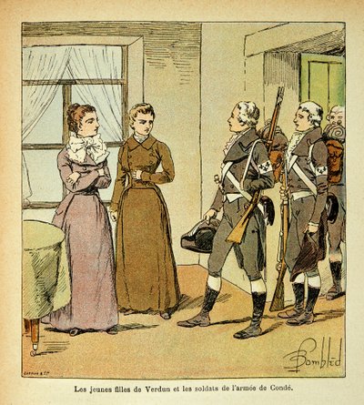 Ilustrace Bombled Louis (1862-1927) z knihy „Památník svaté Heleny“ od hraběte Emmanuela de Las Cases (1766-1842): Mladé dcery z Verdunu a vojáci Armee of Conde (Armee des Emigrres), Soukromá sbírka od Louis Charles Bombled
