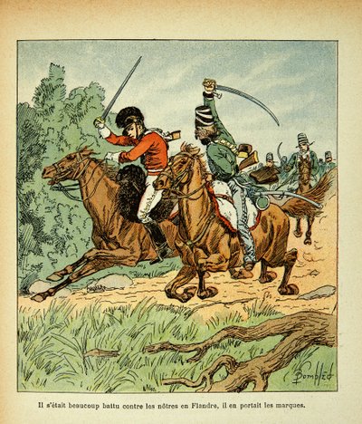 Ilustrace Bombled Louis (1862-1927) z knihy „Památník svaté Heleny“ od hraběte Emmanuela de Las Cases (1766-1842): Boj mezi francouzskými a anglickými jezdci, soukromá sbírka od Louis Charles Bombled