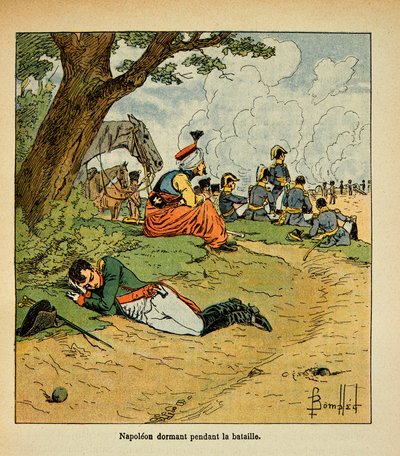 Ilustrace Bombled Louis (1862-1927) z knihy „Památník svaté Heleny“ od hraběte Emmanuela de Las Cases (1766-1842): Císař Napoleon spí během bitvy, soukromá sbírka od Louis Charles Bombled