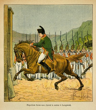 Ilustrace Bombled Louis (1862-1927) z knihy „Památník sv. Heleny“ od hraběte Emmanuela de Las Cases (1766-1842): Císař Napoleon přinutí svého koně vstoupit do Longwoodu v St. Helene, soukromá sbírka od Louis Charles Bombled