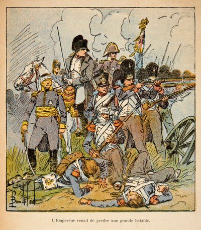 Ilustrace Bombled Louis (1862-1927) z knihy „Památník sv. Heleny“ od hraběte Emmanuela de Las Cases (1766-1842): Císař Napoleon v bitvě u Waterloo v roce 1815, soukromá sbírka od Louis Charles Bombled