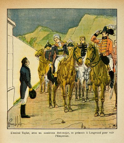 Ilustrace Bombled Louis (1862-1927) z knihy „Památník sv. Heleny“ od hraběte Emmanuela de Las Cases (1766-1842): Admirál Taylor s generálním štábem se představuje v Longwoodu na setkání s císařem Napoleonem, Soukromá sbírka od Louis Charles Bombled