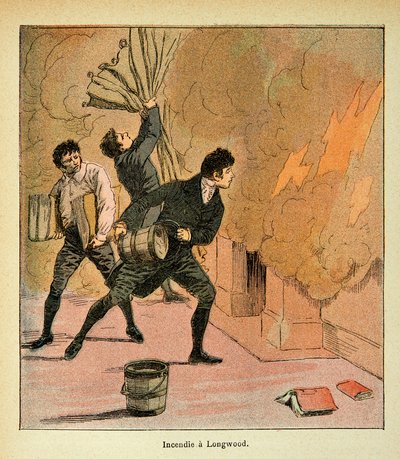 Ilustrace Bombled Louis (1862-1927) z knihy „The memorial se Sainte Helene“ od hraběte Emmanuela de Las Cases (1766-1842): Fire a Longwood, Private Collection od Louis Charles Bombled