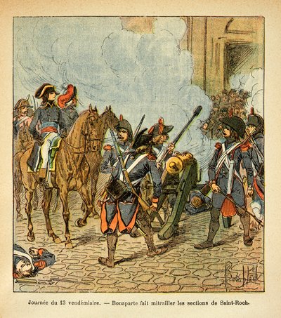 Ilustrace Bombled Louis (1862-1927) z knihy „The memorial se Sainte Helene“ od hraběte Emmanuela de Las Cases (1766-1842): Den 13. pátku, Bonaparte nechá části Saint Roch střílet z děla, Soukromá sbírka od Louis Charles Bombled