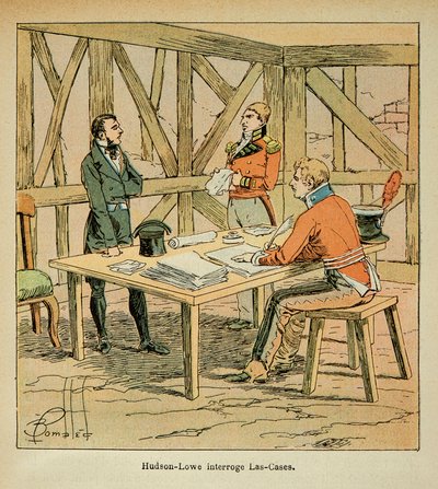 Ilustrace Bombardovaného Louise (1862-1927) od hraběte Emmanuela de Las Cases (1766-1842): Guvernér Hudson Lowe (1769-1844) zpochybňuje Las Cases, soukromá sbírka od Louis Charles Bombled