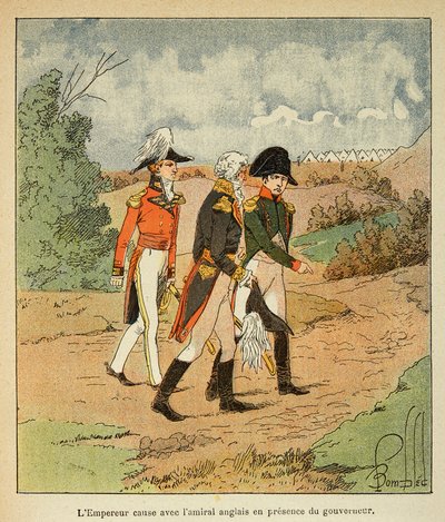 Ilustrace Bombardovaného Louise (1862-1927) z knihy „Památník svaté Heleny“ od hraběte Emmanuela de Las Cases (1766-1842): Rozhovor mezi Napoleonem, guvernérem Hudsonem Moweem a anglickým admirálem Cockburnem v srpnu 1816 v Ste Helene, Private Co od Louis Charles Bombled