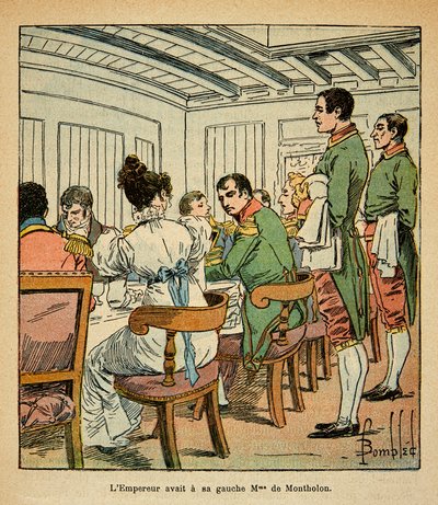 Ilustrace Bombardovaného Ludvíka (1862-1927) z knihy „Památník svaté Heleny“ od hraběte Emmanuela de Las Cases (1766-1842): Večeře císaře Napoleona na palubě Northumberland na cestě do St. Helene s paní De Montholon po její levici, vojíne od Louis Charles Bombled