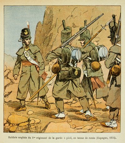 Ilustrace Bombardovaného Louise (1862-1927) z knihy „Památník svaté Heleny“ od hraběte Emmanuela de Las Cases (1766-1842): Angličtí vojáci 1. gardového pluku na silnici (Španělsko 1814), soukromá sbírka od Louis Charles Bombled