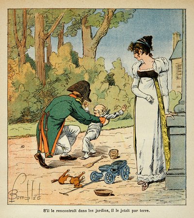 Ilustrace Bombardovaného Louise (1862-1927) z knihy „Památník svaté Heleny“ od hraběte Emmanuela de Las Cases (1766-1842): Napoleon si hraje se svým synem v přítomnosti Marie Louise, soukromá sbírka od Louis Charles Bombled