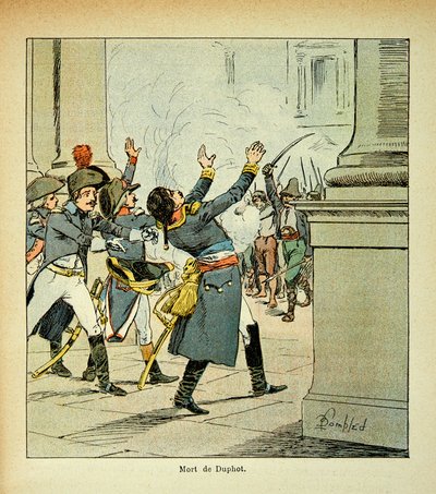 Ilustrace Bombardovaného Louise (1862-1927) z knihy „Památník svaté Heleny“ od hraběte Emmanuela de Las Cases (1766-1842): Atentát na generála Leonarda Duphota (1769-1797) v Římě v roce 1797, soukromá sbírka od Louis Charles Bombled