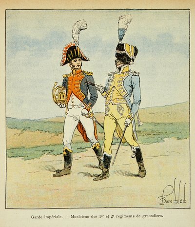 Ilustrace Bombardovaného Louise (1862-1927) z knihy „Památník svaté Heleny“ od hraběte Emmanuela de Las Cases (1766-1842): Císařská garda: Hudebníci 1. a 2. pluku granátníků, soukromá sbírka od Louis Charles Bombled