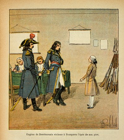 Ilustrace Bombardovaného Louise (1862-1927) z knihy „Památník svaté Heleny“ od hraběte Emmanuela de Las Cases (1766-1842): Eugene de Beauharnais (1781-1824) si nárokuje meč svého otce v Bonaparte, Soukromá sbírka od Louis Charles Bombled