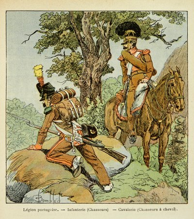 Ilustrace Bombardovaného Louise (1862-1927) z knihy „Památník svaté Heleny“ od hraběte Emmanuela de Las Cases (1766-1842): Portugalská legie: Pěchota (lovci) a kavalérie (lovci na koních), Soukromá sbírka od Louis Charles Bombled