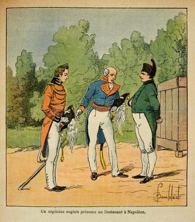Ilustrace Bombardovaného Ludvíka (1862-1927) z knihy „Památník svaté Heleny“ od hraběte Emmanuela de Las Cases (1766-1842): Soukromá sbírka St. Helene, anglickému kapitánovi, který představuje poručíka císaře Napoleona od Louis Charles Bombled