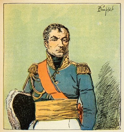 Ilustrace Bombardovaného Louise (1862-1927) z knihy „Památník svaté Heleny“ od hraběte Emmanuela de Las Cases (1766-1842): Portrét marechála Nicolase Charlese Oudinota (1767-1847), vévody z Reggia, soukromá sbírka od Louis Charles Bombled