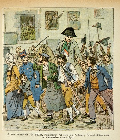 Ilustrace Bombardovaného Ludvíka (1862-1927) z knihy „Památník svaté Heleny“ od hraběte Emmanuela de Las Cases (1766-1842): Po návratu z Elby byl císař přijat ve faubourg Saint Antoine s nebývalým nadšením, Konkrétní Collec od Louis Charles Bombled