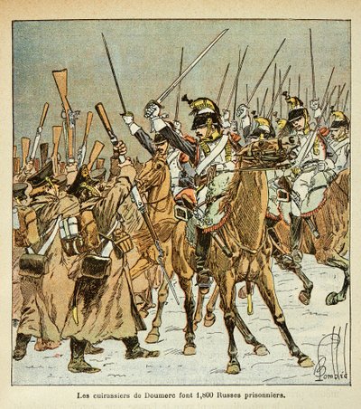 Ilustrace Bombardovaného Louise (1862-1927) z knihy „Památník sv. Heleny“ od hraběte Emmanuela de Las Cases (1766-1842): 9. pluk bitevních lodí plukovníka Doumere zajal 1800 Rusů během ruské kampaně, Soukromá sbírka od Louis Charles Bombled