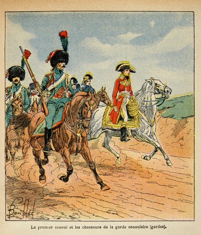 Ilustrace Bombardovaného Louise (1862-1927) z knihy „The Memorial se Sainte Helene“ od hraběte Emmanuela de Las Cases (1766-1842): První konzul a lovci konzulární stráže, soukromá sbírka od Louis Charles Bombled