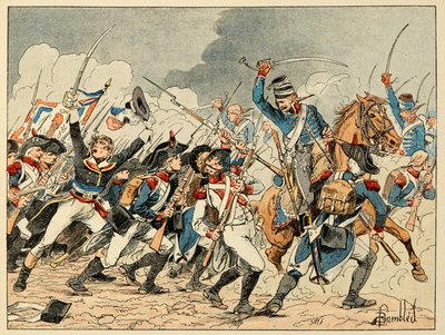 Ilustrace převzatá z knihy „The Heros of the Siecle“, anekdotické recitace Dicka de Lonlay a ilustrované Louisem Bombledem (1862-1927) od Louis Charles Bombled