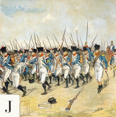 Písmeno J: Mladý strážce, "Je serai soldat" (Budu voják) - Vojenská abeceda od Louis Charles Bombled
