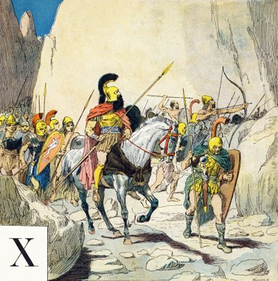 Písmeno X: Xenofón (430-355 př. n. l.), řecký vojevůdce a jeho armáda, „Je serai soldat“ (Budu vojákem) – Vojenská abeceda od Louis Charles Bombled