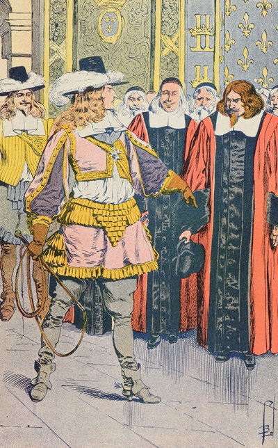 Louis XIV na návštěvě francouzského parlamentu, ilustrace z „Histoire de France“ od Julese Micheleta, kolem roku 1900 od Louis Charles Bombled