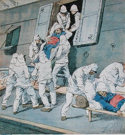 Vojáci, kteří onemocněli během kampaně na Madagaskaru, se vyloďovali v Alžíru z lodi Shamrock, kolem roku 1897 (barevně lito) od Louis Charles Bombled