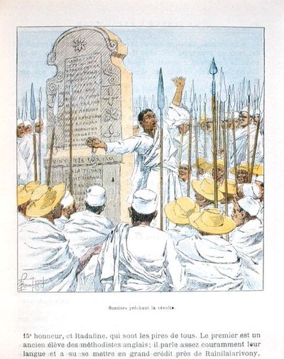 Čarodějové hlásající vzpouru proti Francii po francouzské okupaci Madagaskaru v roce 1895, ilustrace z „La guerre a Madagaskar“ od D.H.Galliho, konec 19. století (barevné litho) od Louis Charles Bombled