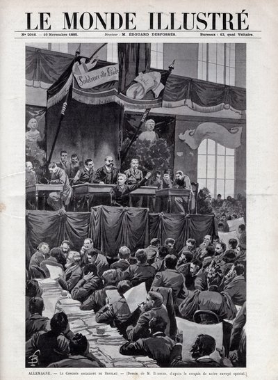Projev Augusta Bebela (1840-1913) během socialistického kongresu v Breslau v NĚMECKU v roce 1895 - Rytina v „The Illustrous World“ z roku 1895 - Kresba Bombled. od Louis Charles Bombled