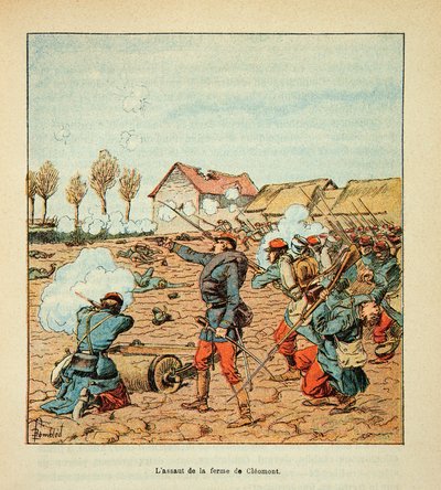 Armee of the Loire Eugene Sergent, dit Grenest, ilustrovaný Louis Bombled (1862-1927) (francouzsko-německá válka; kampaň 1870-1871): Bitva u Coulmiers dne 9. listopadu 1870, útok Francouzů na Cleomont Farma, soukromá sbírka od Louis Charles Bombled