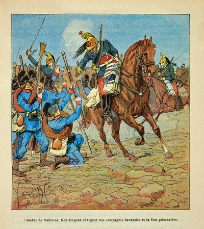 Armee of the Loire od Eugena Sergenta, známého jako Grenest, ilustrovaný Louisem Bombledem (1862-1927) (francouzsko-německá válka; kampaň 1870-1871): Bitva u Vallieres v listopadu 1870, francouzští draci napadají bavorskou společnost a dělají to vězeň, voj od Louis Charles Bombled