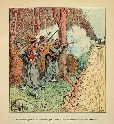 Armee of the Loire od Eugena Sergenta, známého jako Grenest, ilustrované Louisem Bombledem (1862-1927) (francouzsko-německá válka; kampaň 1870-1871): Válka o Orleán, papežští Zouavesové se stáhli přes les Orleans držící Bavoři v šachu dál od Louis Charles Bombled