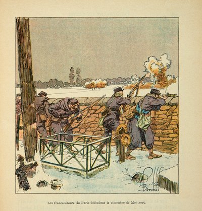 Armee of the Loire Eugene Sergent, známý jako Grenest, ilustrovaný Louisem Bombledem (1862-1927) (francouzsko-německá válka; kampaň 1870-1871): Francouzští střelci z Paříže brání hřbitov Montsort (Alencon) v lednu 1871, Soukromá sbírka od Louis Charles Bombled