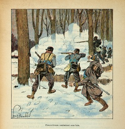 Armee of the Loire od Eugena Sergenta, známého jako Grenest, ilustrované Louisem Bombledem (1862-1927) (francouzsko-německá válka; kampaň 1870-1871): střelci z franků Francouzská stíhačka pod dřevem, soukromá sbírka od Louis Charles Bombled