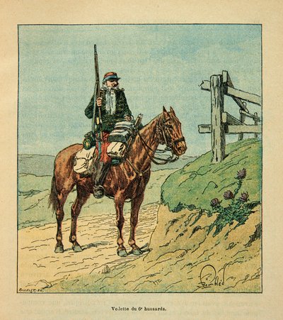 Armee of the Loire od Eugena Sergenta, známého jako Grenest, ilustrovaný Louisem Bombledem (1862-1927) (francouzsko-německá válka; kampaň 1870-1871): Hvězda 6. husarů, zapojená během bitvy u Toury v říjnu 1870 , Soukromá sbírka od Louis Charles Bombled