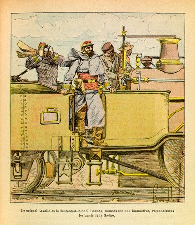 Východní armáda seržanta Eugena, dit Grenest, ilustrovaná Louisem Bombledem (1862-1927) (francouzsko-německá válka; kampaň 1870-1871): V prosinci 1870 plukovník Lavalle a podplukovník Bramas nasedající na lokomotivu rozpoznali břehy řeky Saone od Louis Charles Bombled