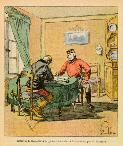Východní armáda Eugena seržanta, dit Grenest, ilustrovaná Louisem Bombledem (1862-1927) (francouzsko-německá válka; kampaň 1870-1871): Rozhovor Garibaldiho a generála Cambrielse v Saint Claude u Besanconu v říjnu 1870, soukromá sbírka od Louis Charles Bombled
