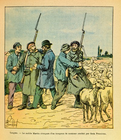 Východní Armee seržanta Eugena, dit Grenest, ilustrovaný Louisem Bombledem (1862-1927) (francouzsko-německá válka; kampaň 1870-1871): Martin mobile, přestrojený za rolníka, se zmocnil stáda ovcí vedených dvěma Prusy do Langres v listopadu 1870, priv od Louis Charles Bombled
