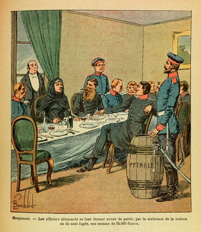 Východní armáda Eugena seržanta, dit Grenest, ilustrovaná Louisem Bombledem (1862-1927) (francouzsko-německá válka; kampaň 1870-1871): V Rougemont byli němečtí důstojníci před odjezdem předáni paní domu, kde jsou to lóže, suma od Louis Charles Bombled