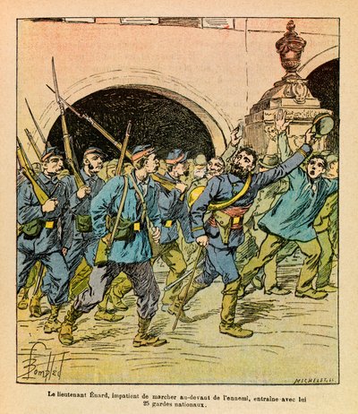 Východní Armee seržanta Eugena, dit Grenest, ilustrovaný Louisem Bombledem (1862-1927) (francouzsko-německá válka; kampaň 1870-1871): Během bojů u Epinalu v říjnu 1870 poručík Enard dychtivě kráčel před nepřítelem vedl s ním Nati od Louis Charles Bombled