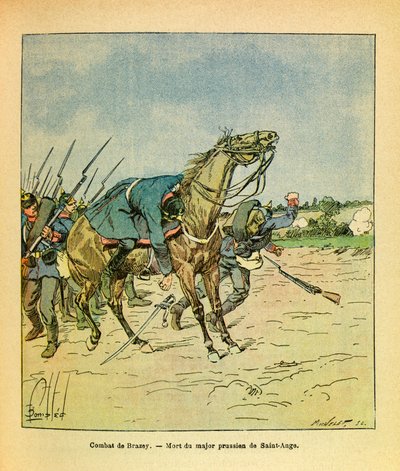 Východní Armee seržanta Eugena, známá jako Grenest, ilustrovaná Louisem Bombledem (1862-1927) (francouzsko-německá válka; kampaň 1870-1871): Listopad 1870, během bitev u Brazey, je sestřelen major Prussian Saint Ange, Soukromá sbírka od Louis Charles Bombled
