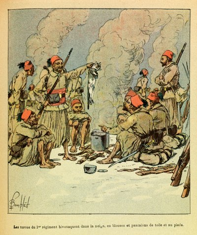 Východní Armee seržanta Eugena, známá jako Grenest, ilustrovaná Louisem Bombledem (1862-1927) (francouzsko-německá válka; kampaň 1870-1871): leden 1871, Turcos 1. pluku bivakující ve sněhu, v halenkách a kalhoty z plátna a holé poplatky od Louis Charles Bombled