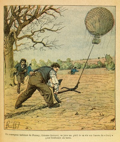 Východní Armee seržanta Eugena, známá jako Grenest, ilustrovaná Louisem Bombledem (1862-1927) (francouzsko-německá válka; tažení 1870 -1871): Bitva nocí Saint Georges; rolníci se snaží držet pozorovací balón, Soukromá sbírka od Louis Charles Bombled
