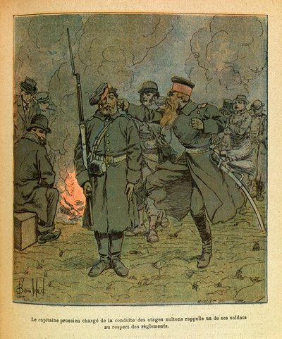 Východní Armee seržanta Eugena, známá jako Grenest, ilustrovaná Louisem Bombledem (1862-1927) (francouzsko-německá válka; kampaň 1870-1871): Pruský kapitán odpovědný za chování rukojmích z Nuits Saint Georges vzpomíná na jednoho jeho vojáků v c od Louis Charles Bombled