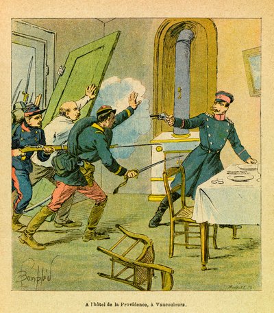 Východní Armee of Eugene Sergeant, známý jako Grenest, ilustrovaný Louisem Bombledem (1862-1927) (francouzsko-německá válka; kampaň 1870-1871): Pruský důstojník zajatý francouzskými motivy ve Vaucouleurs, Soukromá sbírka od Louis Charles Bombled