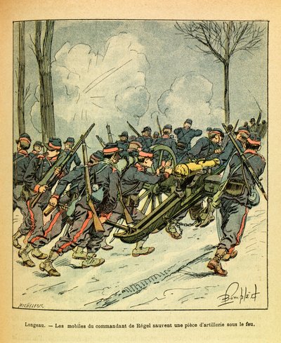 Východní Armee seržanta Eugena, známá jako Grenest, ilustrovaná Louisem Bombledem (1862-1927) (francouzsko-německá válka; kampaň 1870-1871): prosinec 1870, během bitvy u Longeau, motivy velitele Regelu zachráněny dělo pod nepřátelskou jedlí od Louis Charles Bombled