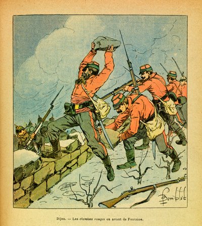 Východní Armee seržanta Eugena, známá jako Grenest, ilustrovaná Louisem Bombledem (1862-1927) (francouzsko-německá válka; kampaň 1870-1871): Červené košile garibaldi před Fontaine během bitev u Dijonu v lednu 1871, Soukromá sbírka od Louis Charles Bombled
