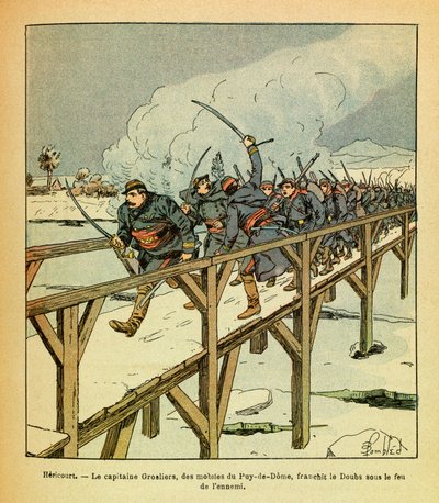 Východní Armee seržanta Eugena, známá jako Grenest, ilustrovaná Louisem Bombledem (1862-1927) (francouzsko-německá válka; kampaň 1870-1871): leden 1871, Hericourt, kapitán Grosliers a motivy Puy de Dome překračují Doubs pod nepřátelskou palbou, Privat od Louis Charles Bombled